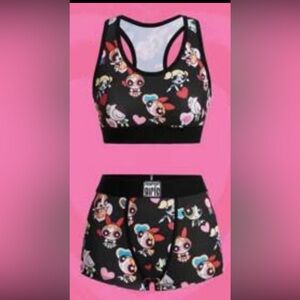 ROMWE Powerpuff Girls Lounge Boxer & Bra Set in Black, Size Small